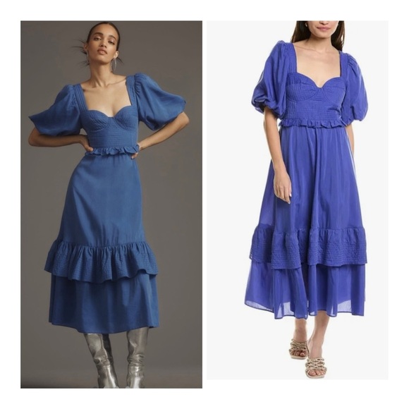 FARM Rio Blue Ruffled Tiered Midi Dress with Puff Sleeves - Picture 1 of 10